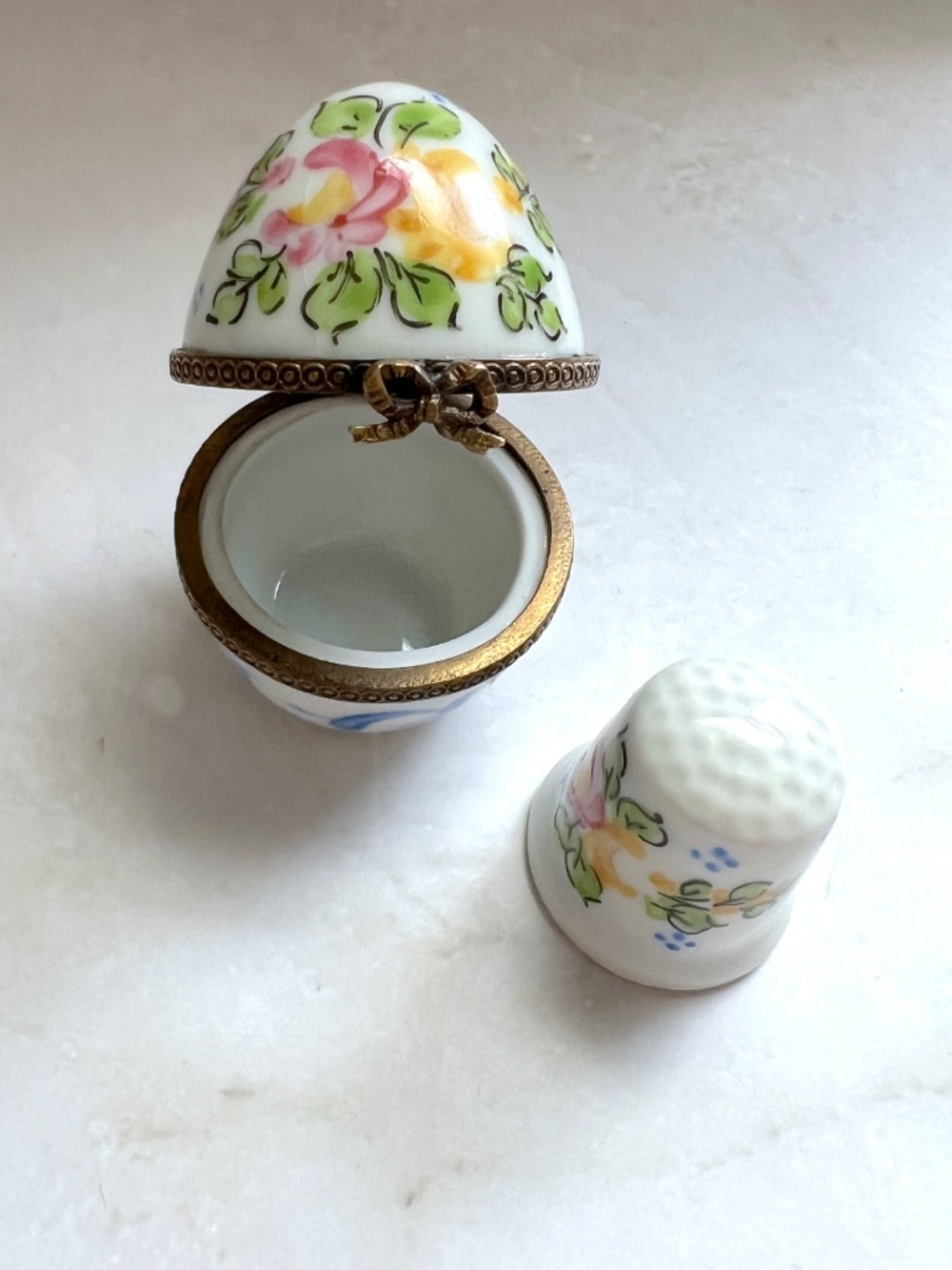 Rare Limoges Egg Thimble Set Peint Main Hand Painted Floral French Sold AS IS